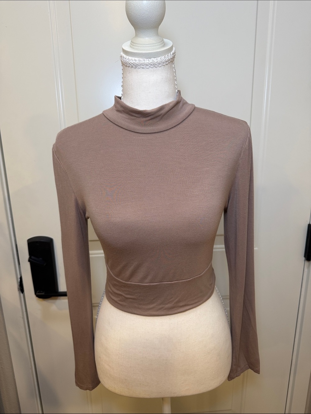 Women's Long Sleeve Mock Neck Crop Top - Taupe